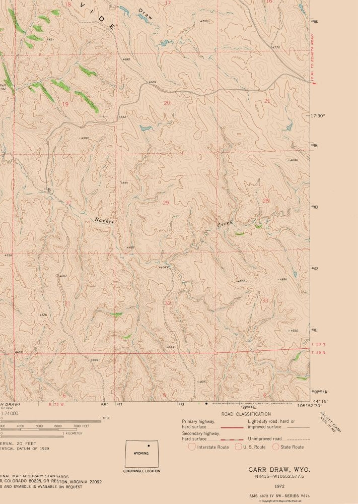 Topographical Map - Carr Draw Wyoming Quad - USGS 1972 - 23 x 32.34 - Vintage Wall Art