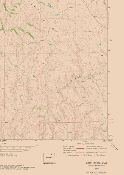 Topographical Map - Carr Draw Wyoming Quad - USGS 1972 - 23 x 32.34 - Vintage Wall Art