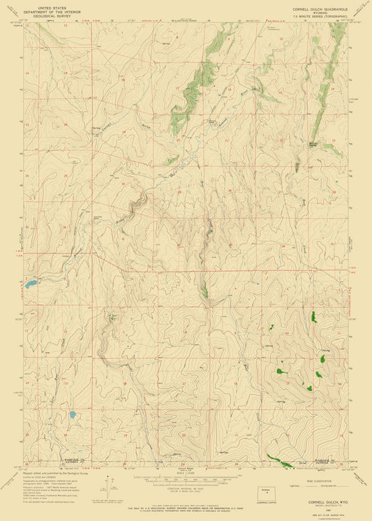 Topographical Map - Cornell Gulch Wyoming Quad - USGS 1967 - 23 x 32.22 - Vintage Wall Art