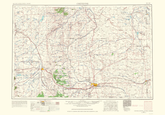 Topographical Map - Cheyenne Wyoming Colorado Nebraska Quad - USGS 1966 - 23 x 32 - Vintage Wall Art