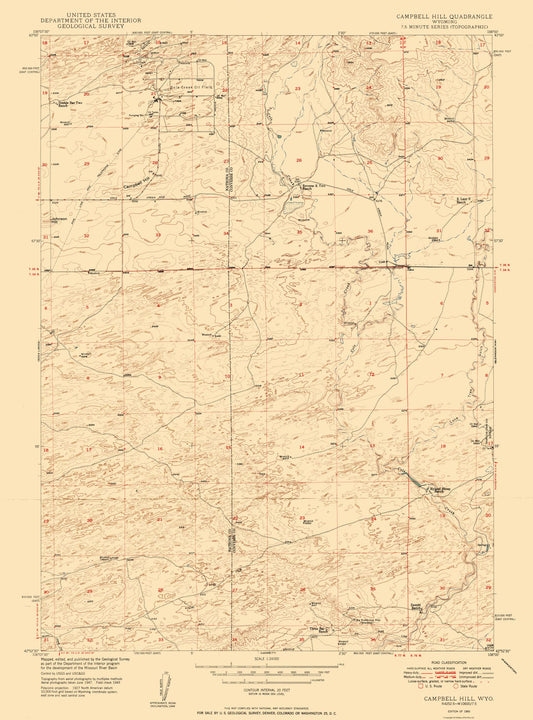 Topographical Map - Campbell Hill Wyoming Quad - USGS 1950 - 23 x 31.08 - Vintage Wall Art