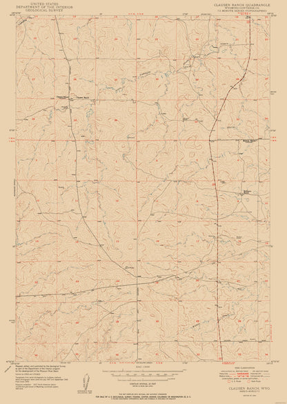 Topographical Map - Clausen Ranch Wyoming Quad - USGS 1950 - 23 x 32.37 - Vintage Wall Art