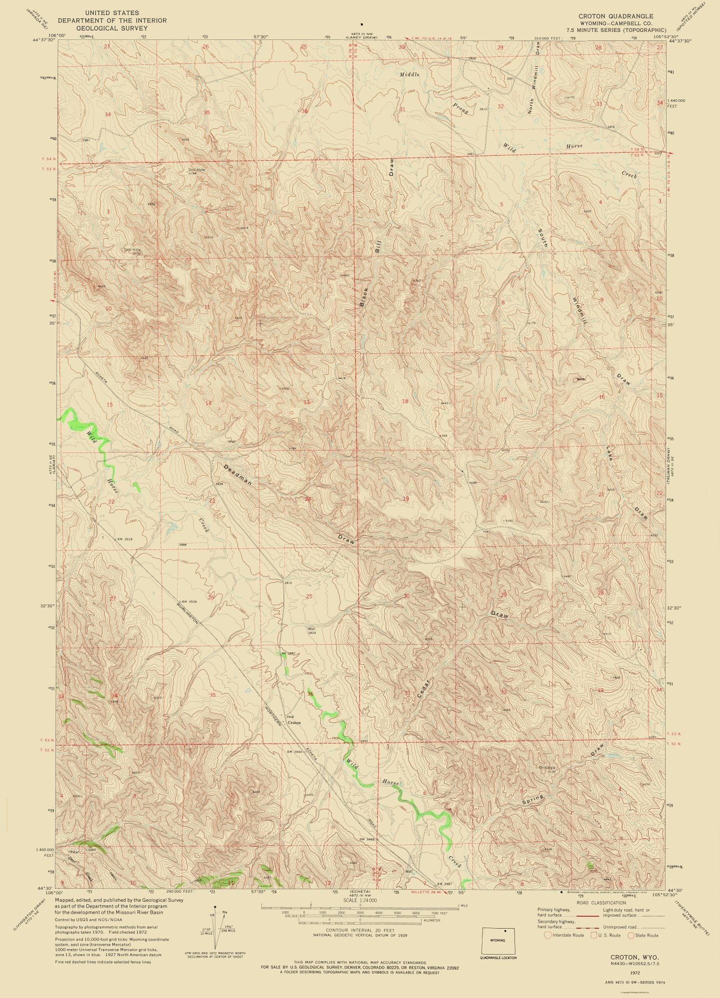 Topographical Map - Croton Wyoming Quad - USGS 1972 - 23 x 31.87 - Vintage Wall Art