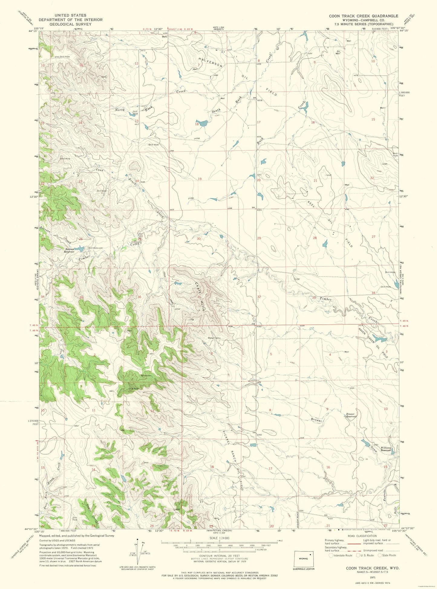 Topographical Map - Coon Track Creek Wyoming Quad - USGS 1971 - 23 x 30.98 - Vintage Wall Art