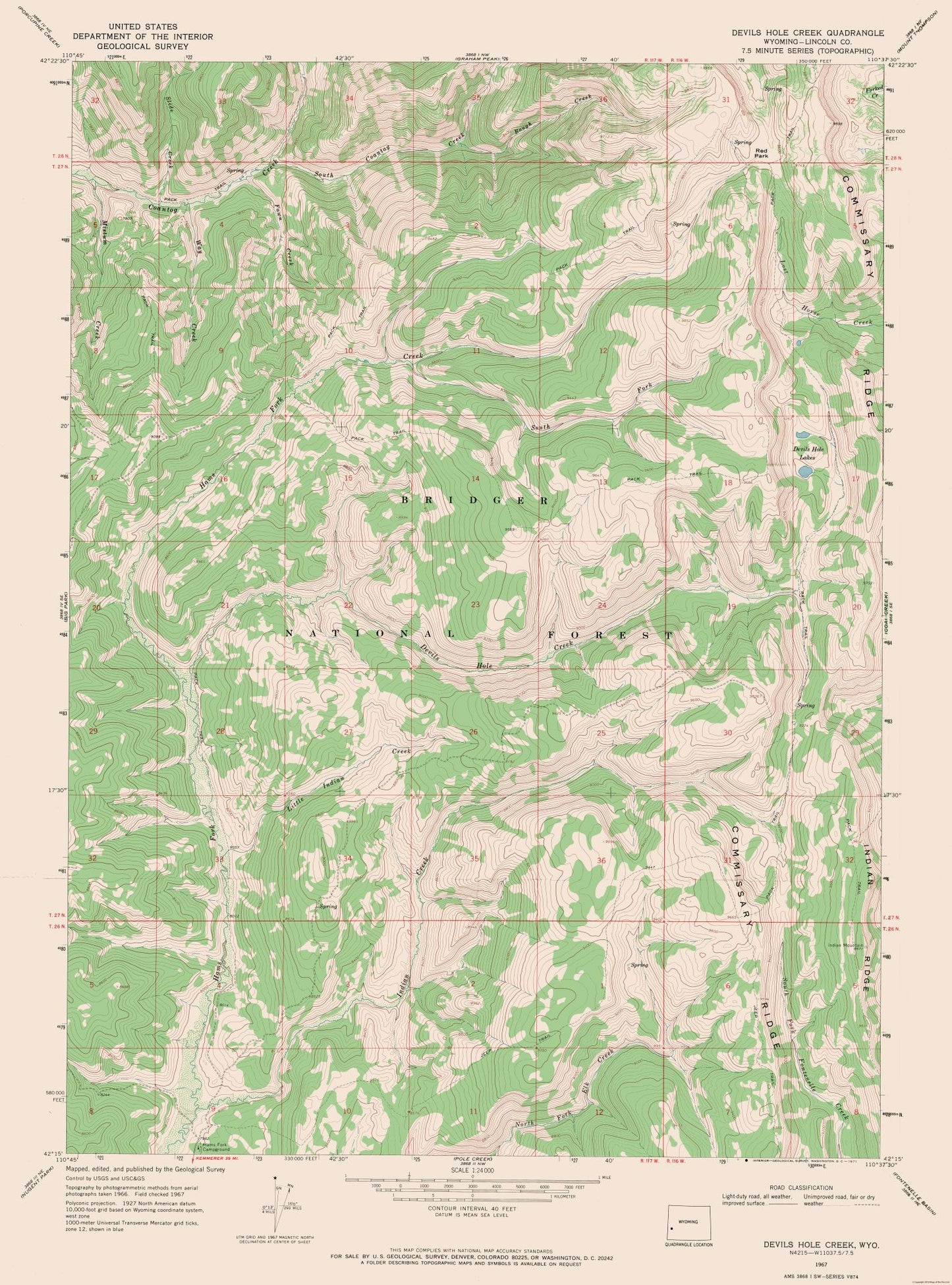 Topographical Map - Devils Hole Creek Wyoming Quad - USGS 1967 - 23 x 31.04 - Vintage Wall Art