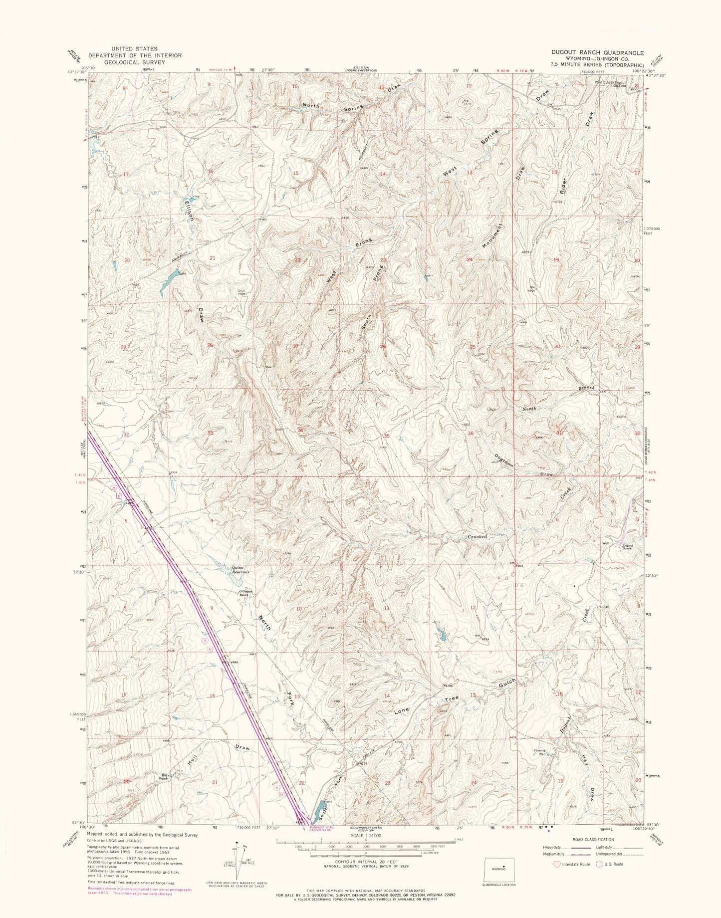 Topographical Map - Dugout Ranch Wyoming Quad - USGS 1973 - 23 x 29.29 - Vintage Wall Art