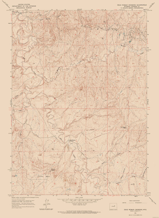 Topographical Map - Dead Woman Crossing Wyoming Quad - USGS 1961 - 23 x 31.56 - Vintage Wall Art