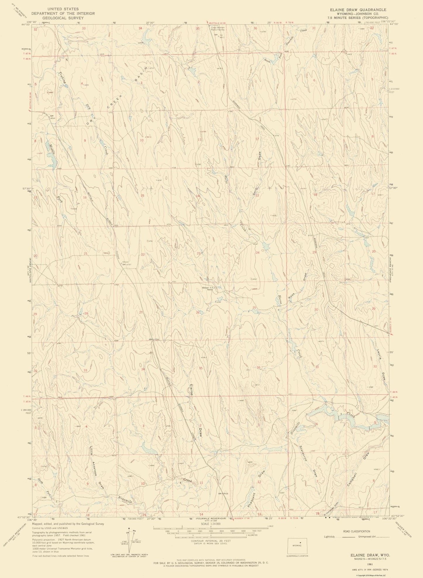 Topographical Map - Elaine Draw Wyoming Quad - USGS 1961 - 23 x 31.45 - Vintage Wall Art