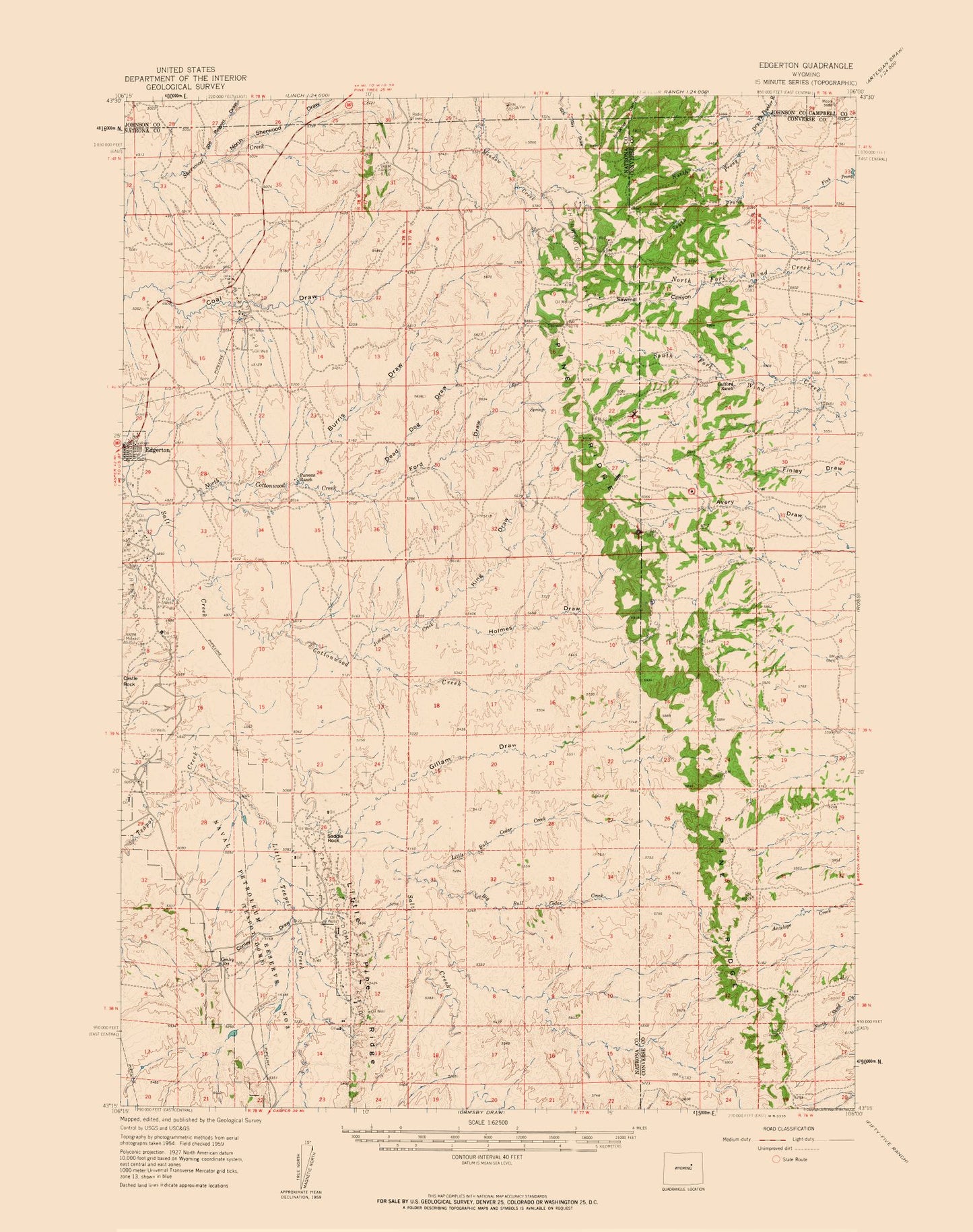 Topographical Map - Edgerton Wyoming Quad - USGS 1959 - 33.79 x 23 - Vintage Wall Art