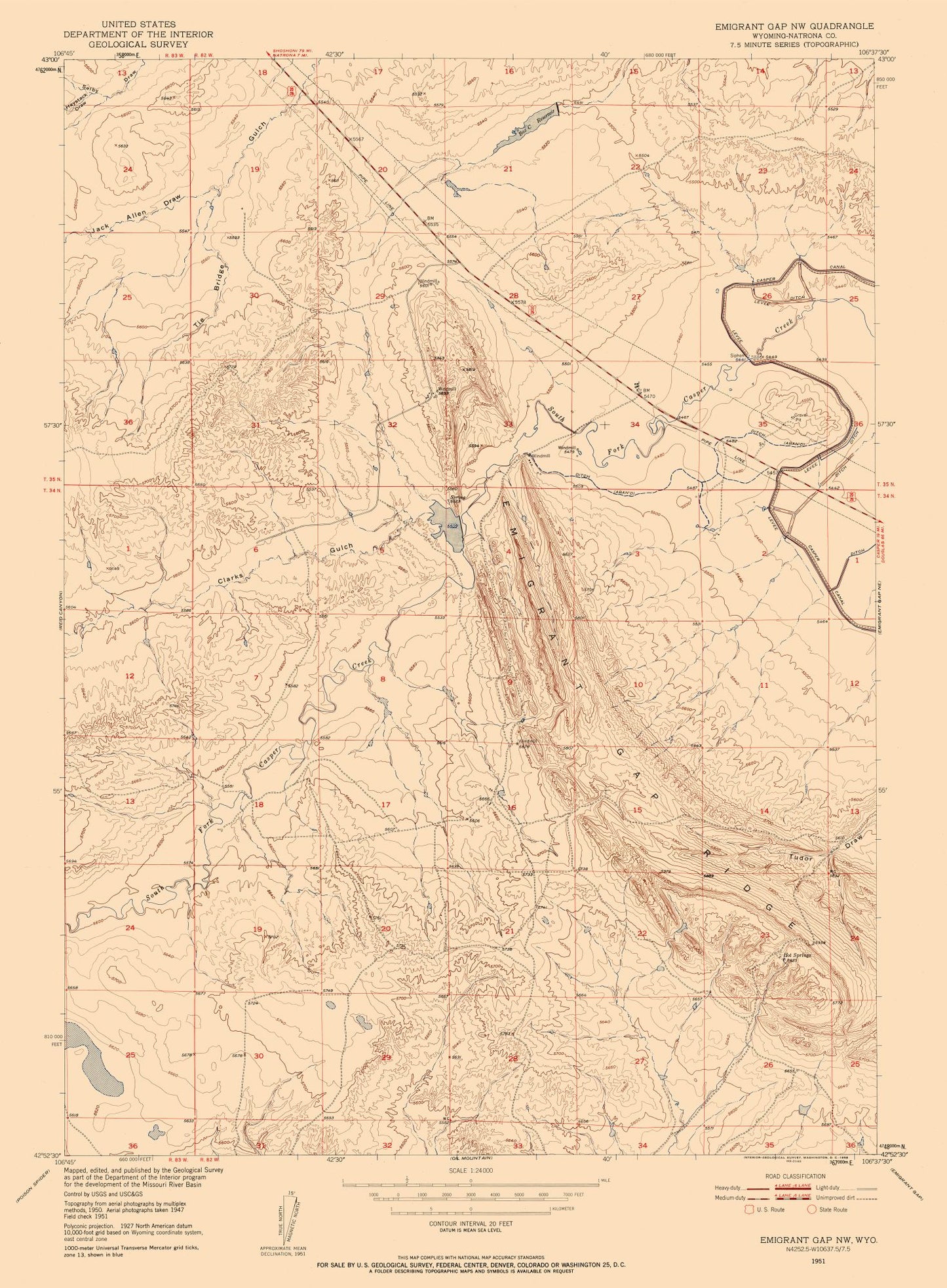 Topographical Map - North West Emigrant Gap Wyoming Quad - USGS 1951 - 23 x 31.30 - Vintage Wall Art