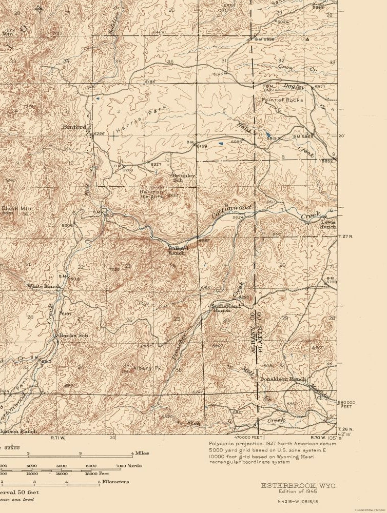 Topographical Map - Esterbrook Wyoming Quad - USGS 1945 - 23 x 30.49 - Vintage Wall Art