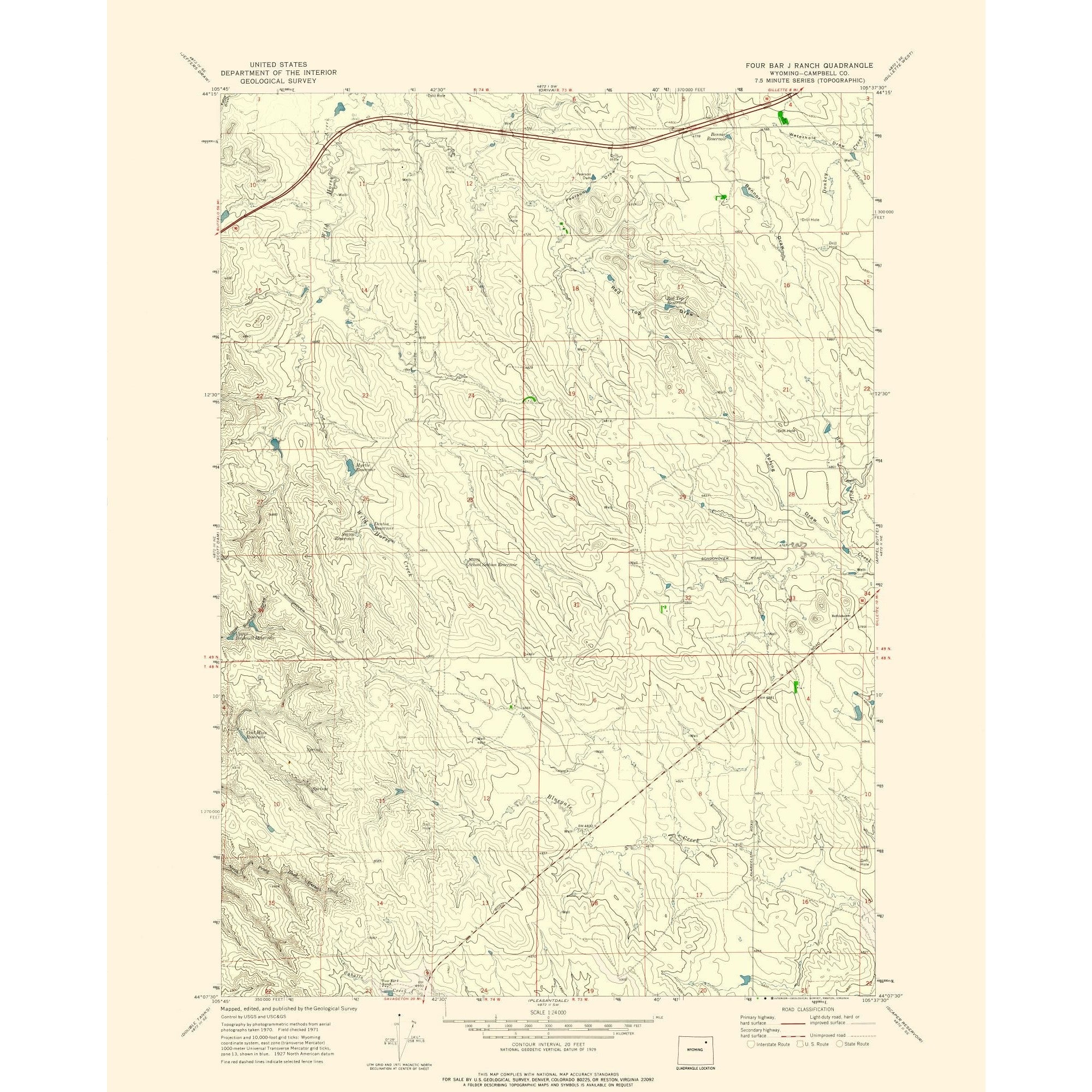 Topographical Map - Four Bar Ranch Wyoming Quad - USGS 1971 - 23 x 28 ...
