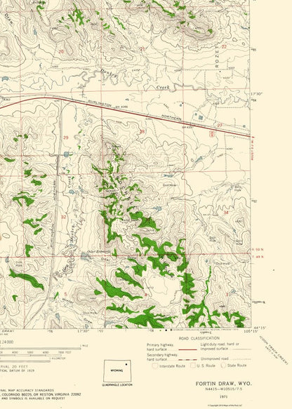 Topographical Map - Fortin Draw Wyoming Quad - USGS 1971 - 23 x 32.20 - Vintage Wall Art