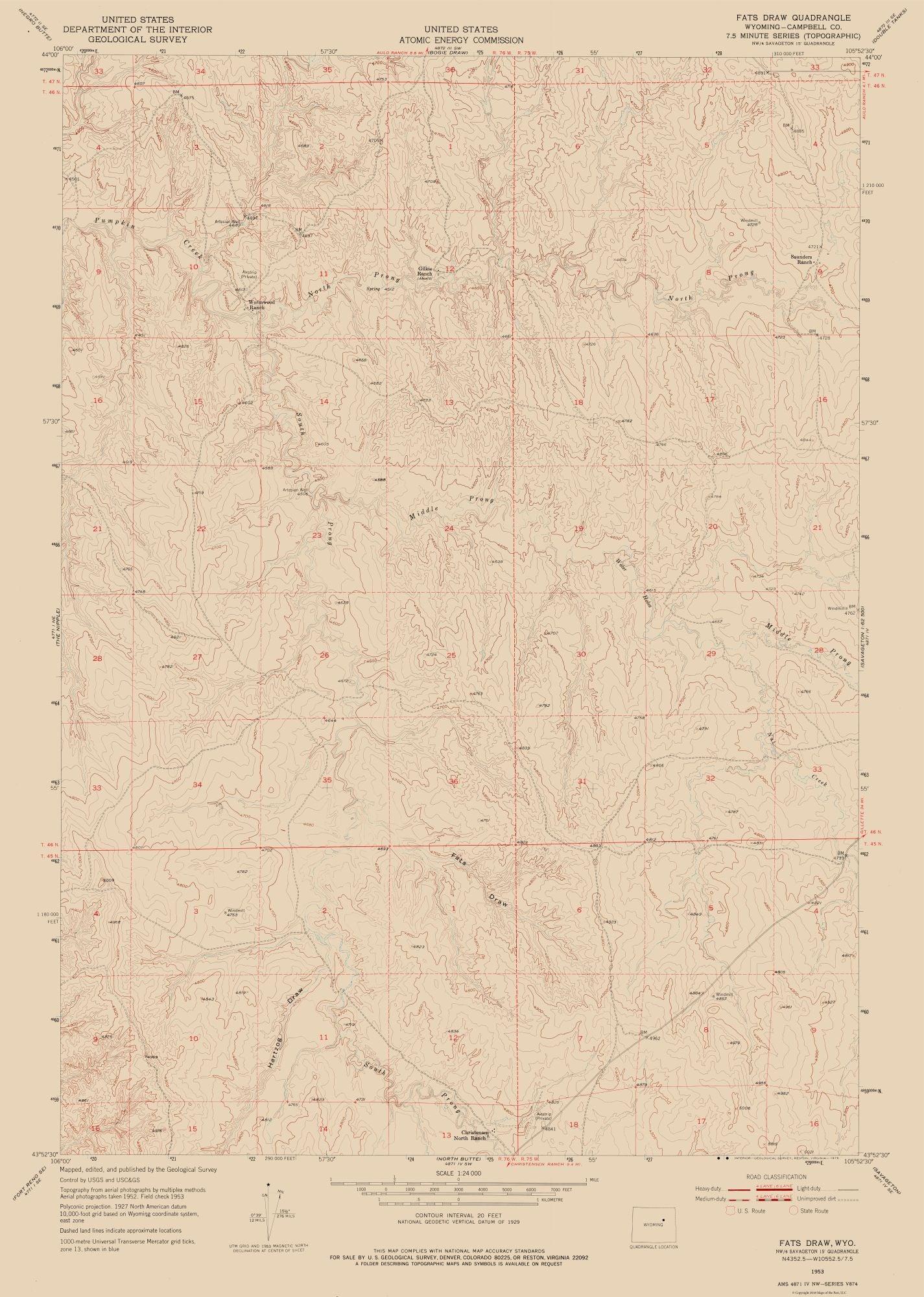 Topographical Map - Fats Draw Wyoming Quad - USGS 1953 - 23 x 32.28 - Vintage Wall Art