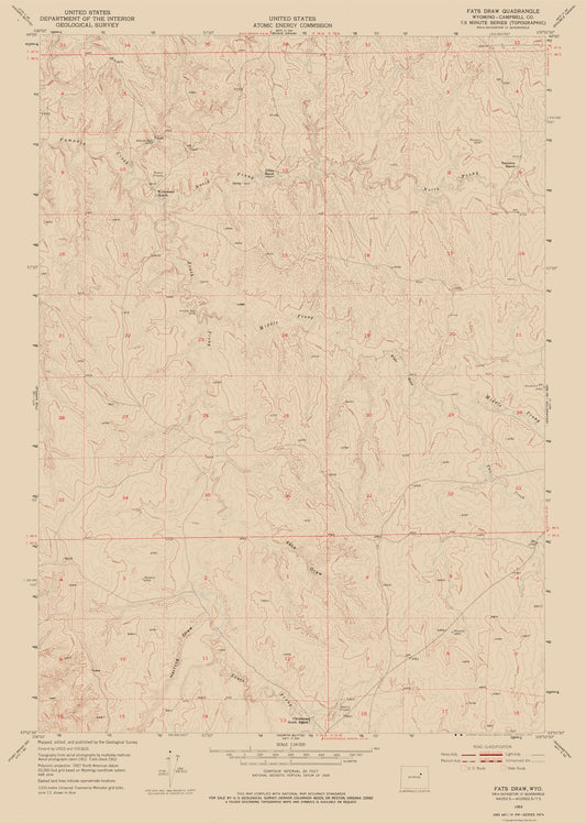 Topographical Map - Fats Draw Wyoming Quad - USGS 1953 - 23 x 32.28 - Vintage Wall Art