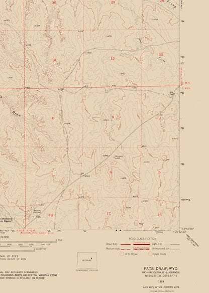 Topographical Map - Fats Draw Wyoming Quad - USGS 1953 - 23 x 32.28 - Vintage Wall Art