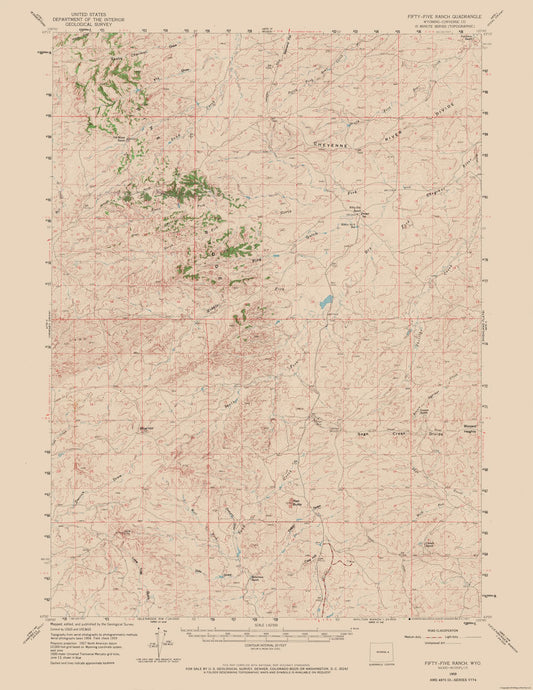 Topographical Map - Fifty Five Ranch Wyoming Quad - USGS 1959 - 23 x 29.80 - Vintage Wall Art