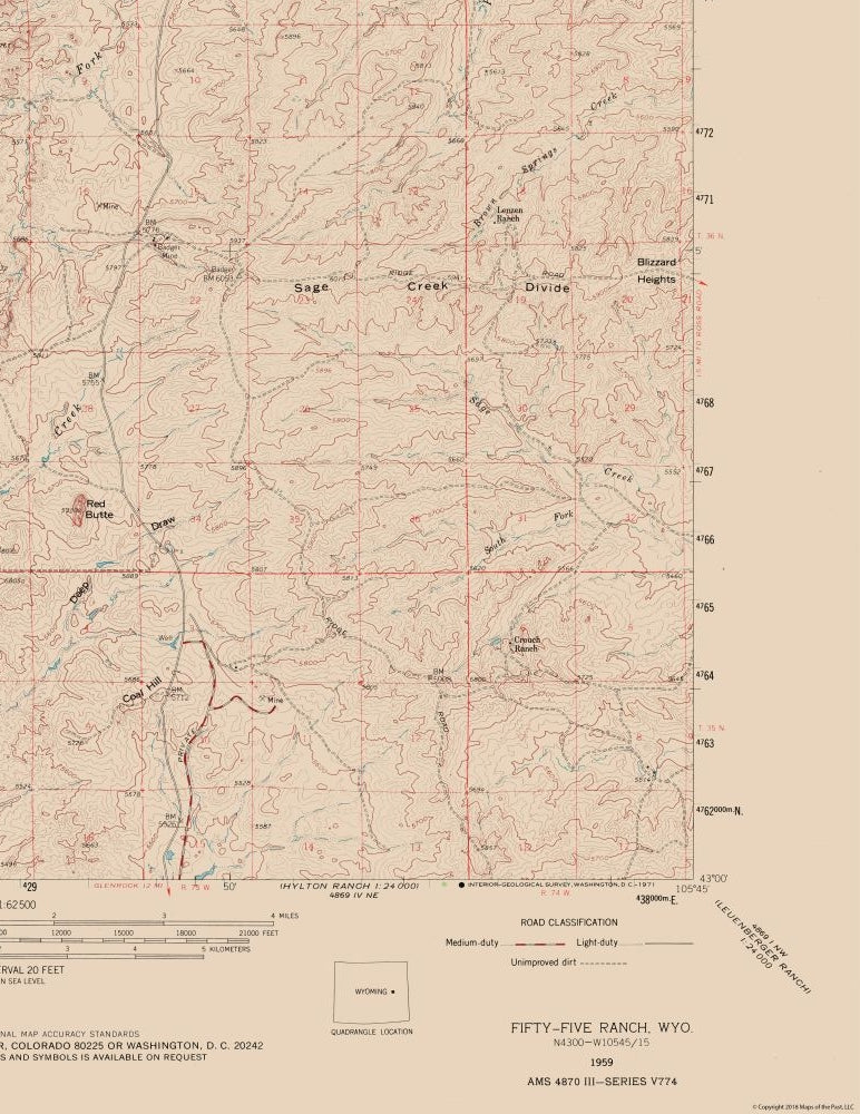 Topographical Map - Fifty Five Ranch Wyoming Quad - USGS 1959 - 23 x 29.80 - Vintage Wall Art