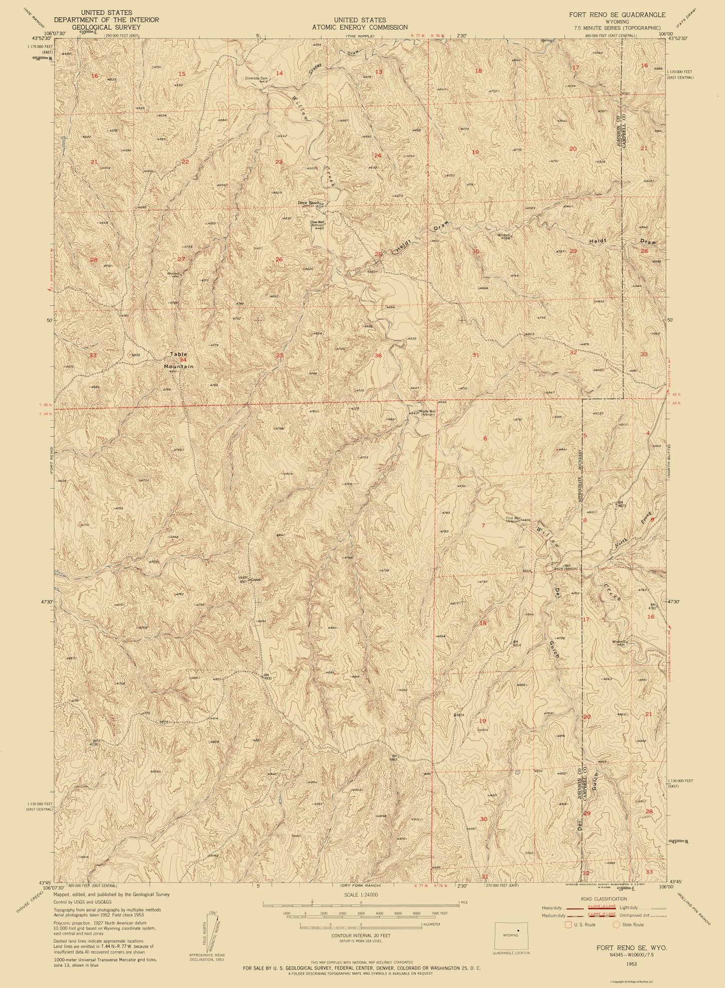 Topographical Map - Fort Reno Wyoming Quad - USGS 1953 - 23 x 31.33 - Vintage Wall Art