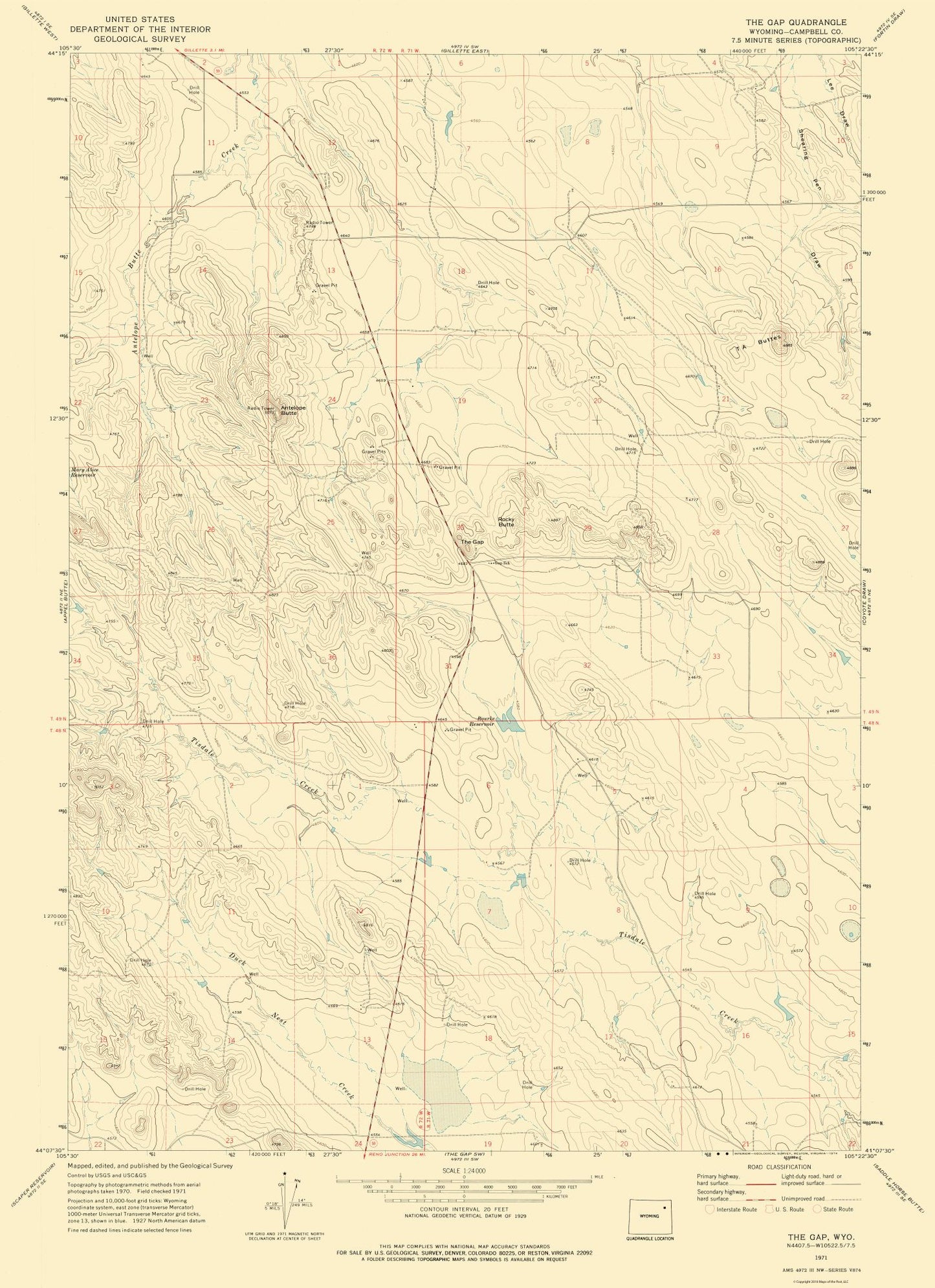 Topographical Map - Gap Wyoming Quad - USGS 1971 - 23 x 31.68 - Vintage Wall Art