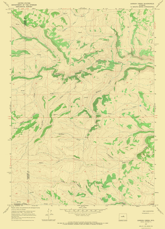 Topographical Map - Gordon Creek Wyoming Quad - USGS 1967 - 23 x 31.92 - Vintage Wall Art