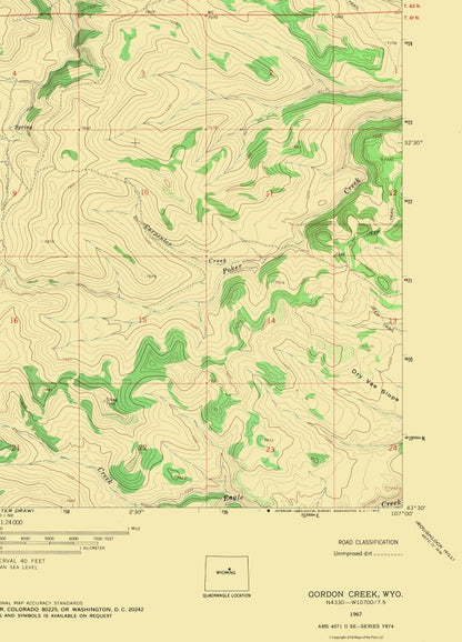 Topographical Map - Gordon Creek Wyoming Quad - USGS 1967 - 23 x 31.92 - Vintage Wall Art