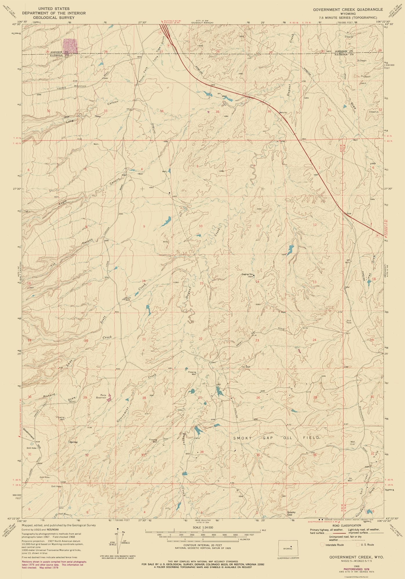 Topographical Map - Government Creek Wyoming Quad - USGS 1968 - 23 x 32.91 - Vintage Wall Art