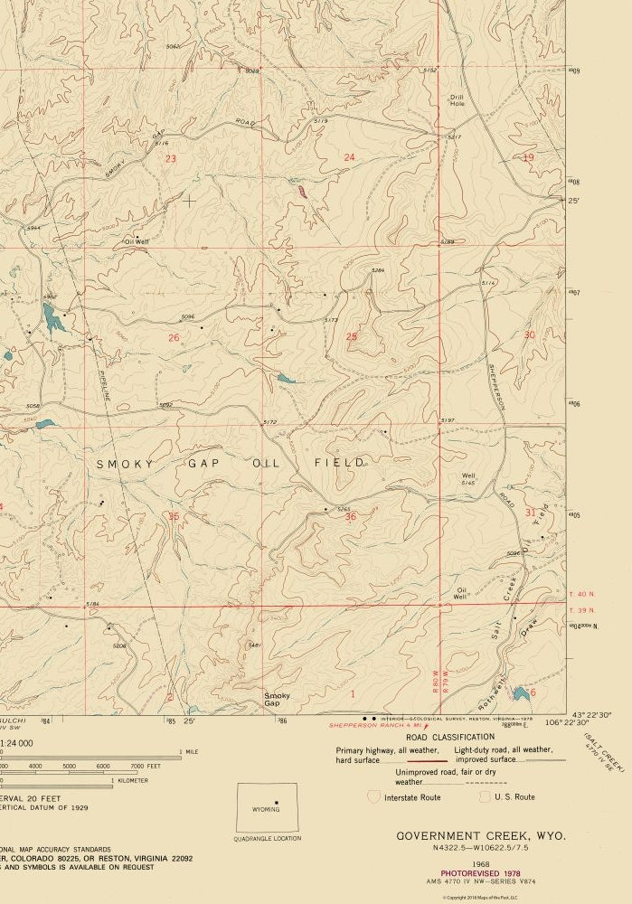 Topographical Map - Government Creek Wyoming Quad - USGS 1968 - 23 x 32.91 - Vintage Wall Art