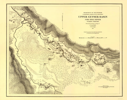 Topographical Map - Wyoming Territory Upper Geyser Basin Fire Hole River - USGS 1871 - 23 x 29 - Vintage Wall Art