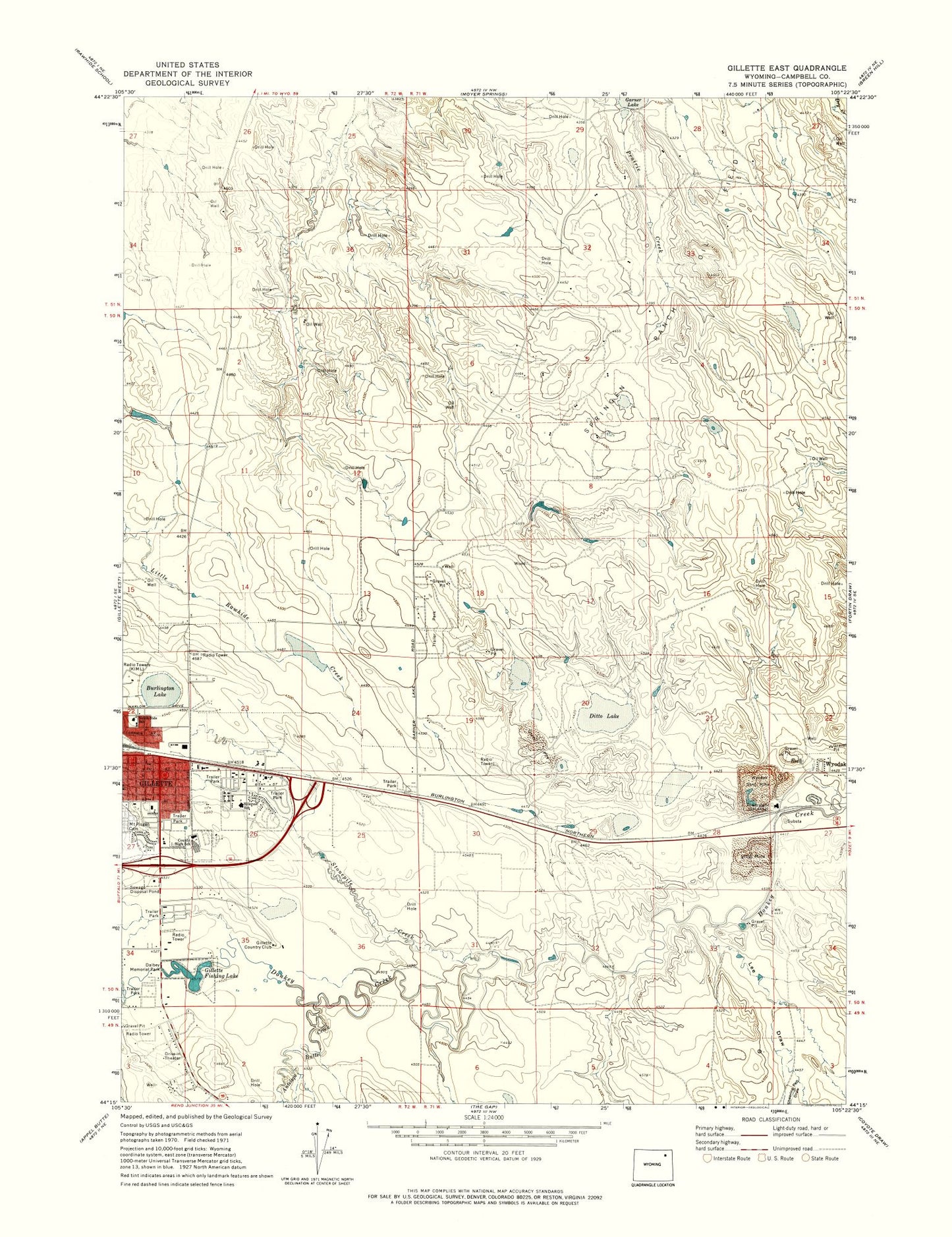 Topographical Map - East Gillette Wyoming Quad - USGS 1971 - 23 x 29.87 - Vintage Wall Art