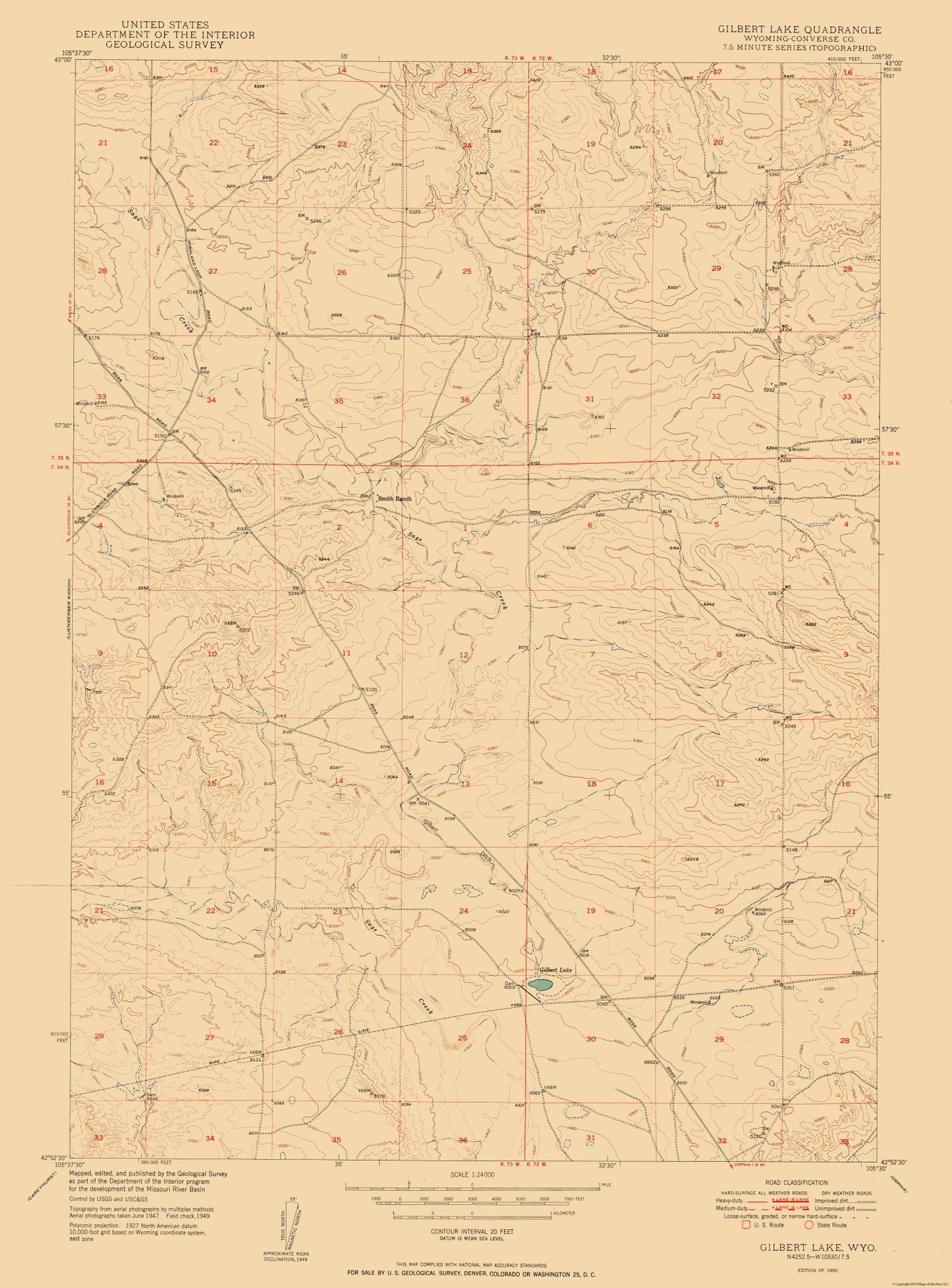 Topographical Map - Gilbert Lake Wyoming Quad - USGS 1950 - 23 x 31.09 - Vintage Wall Art