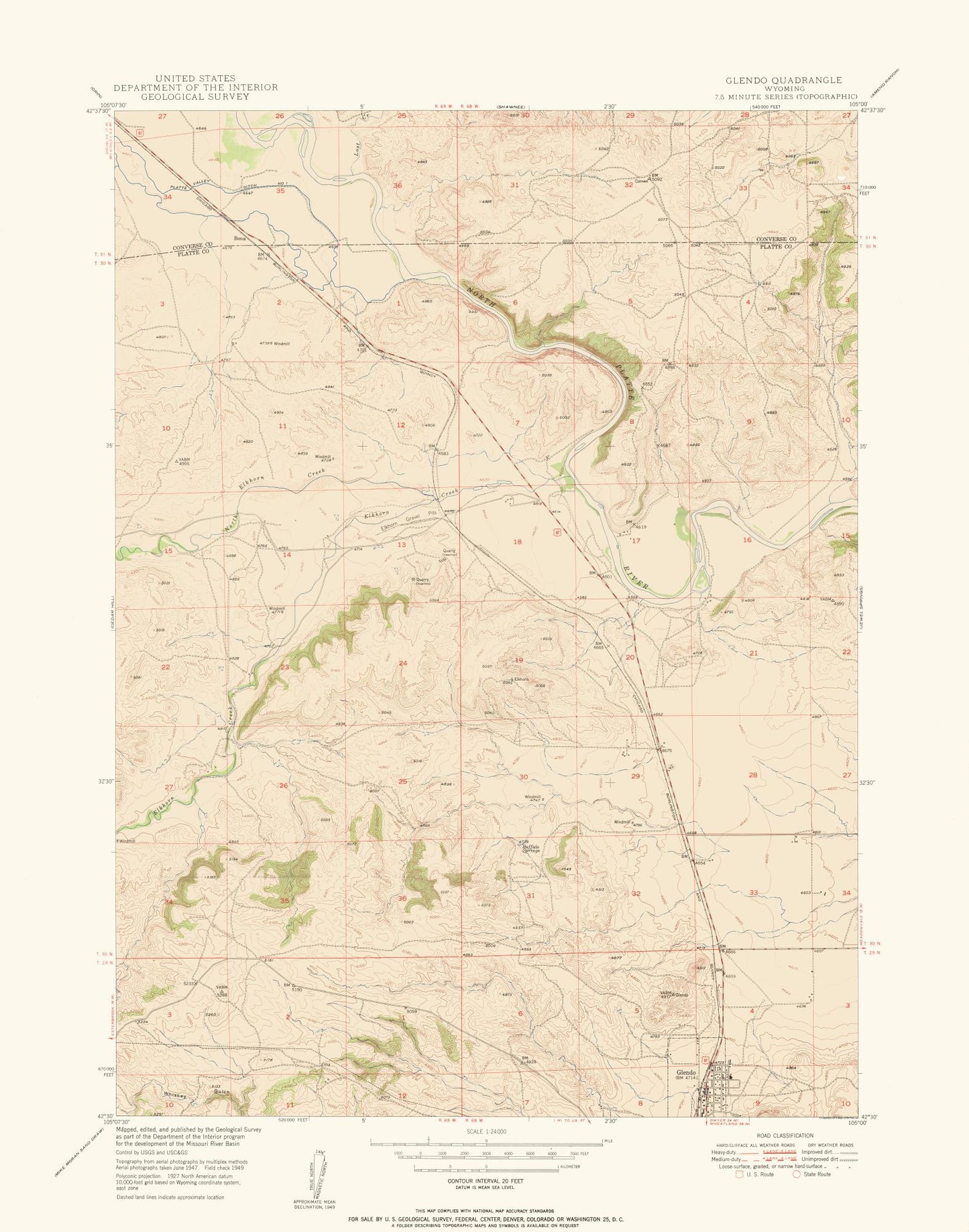 Topographical Map - Glendo Wyoming Quad - USGS 1949 - 23 x 29.26 - Vintage Wall Art