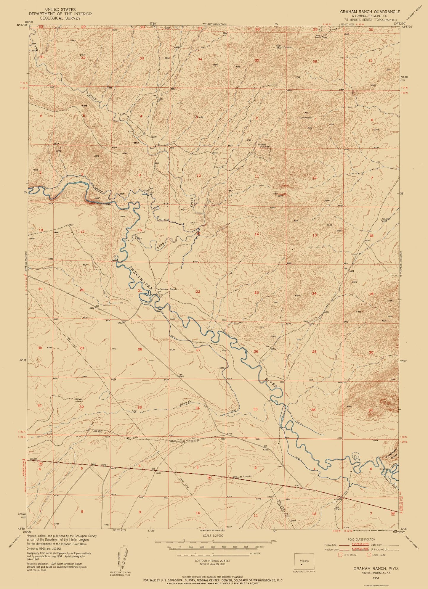 Topographical Map - Graham Ranch Wyoming Quad - USGS 1951 - 23 x 31.67 - Vintage Wall Art