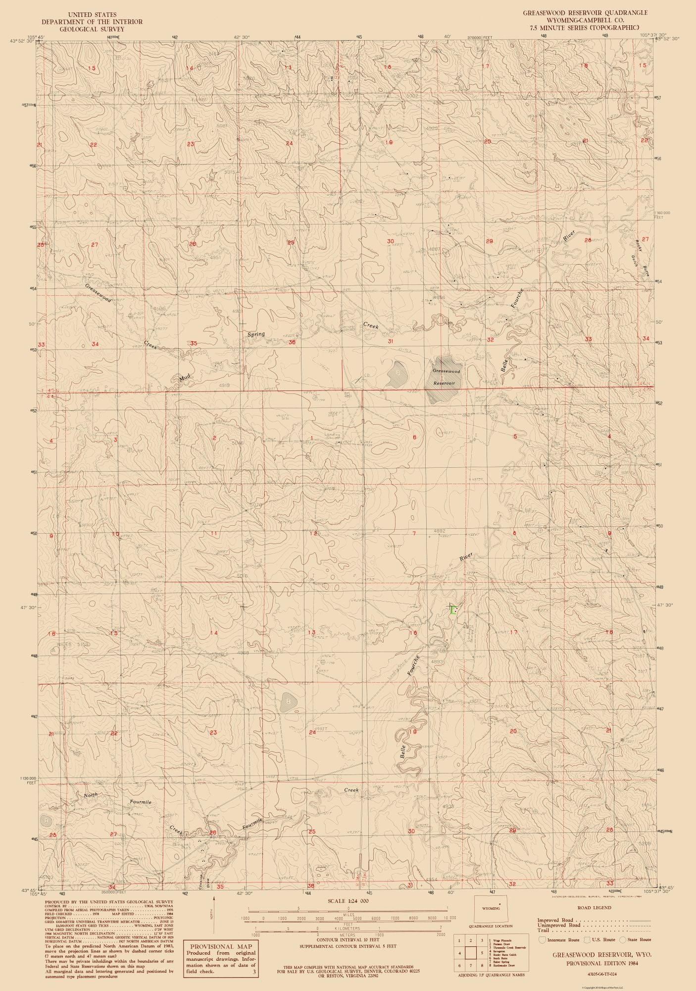 Topographical Map - Greasewood Reservoir Wyoming Quad - USGS 1984 - 23 x 32.73 - Vintage Wall Art