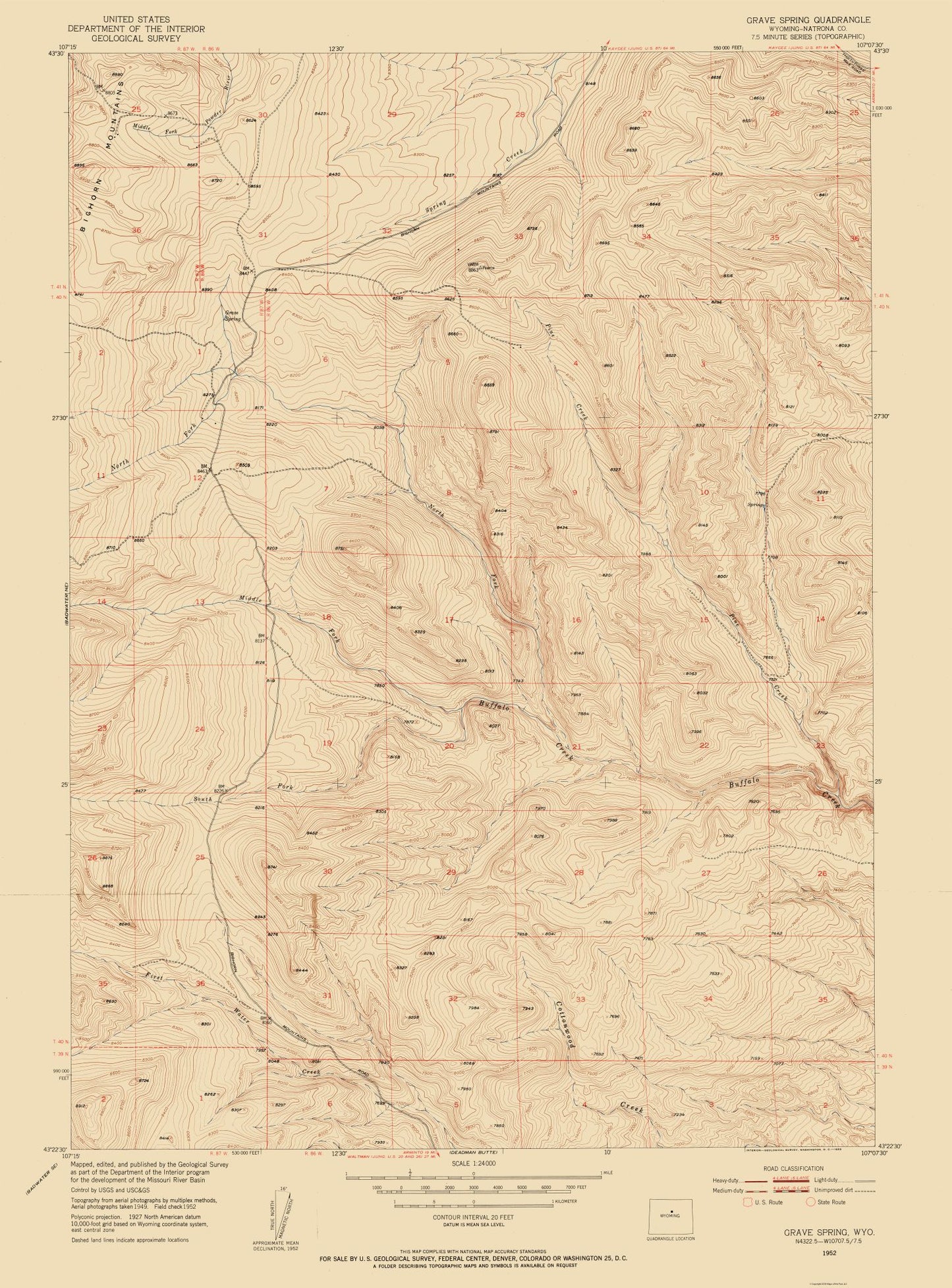 Topographical Map - Grave Spring Wyoming Quad - USGS 1952 - 23 x 31.11 - Vintage Wall Art