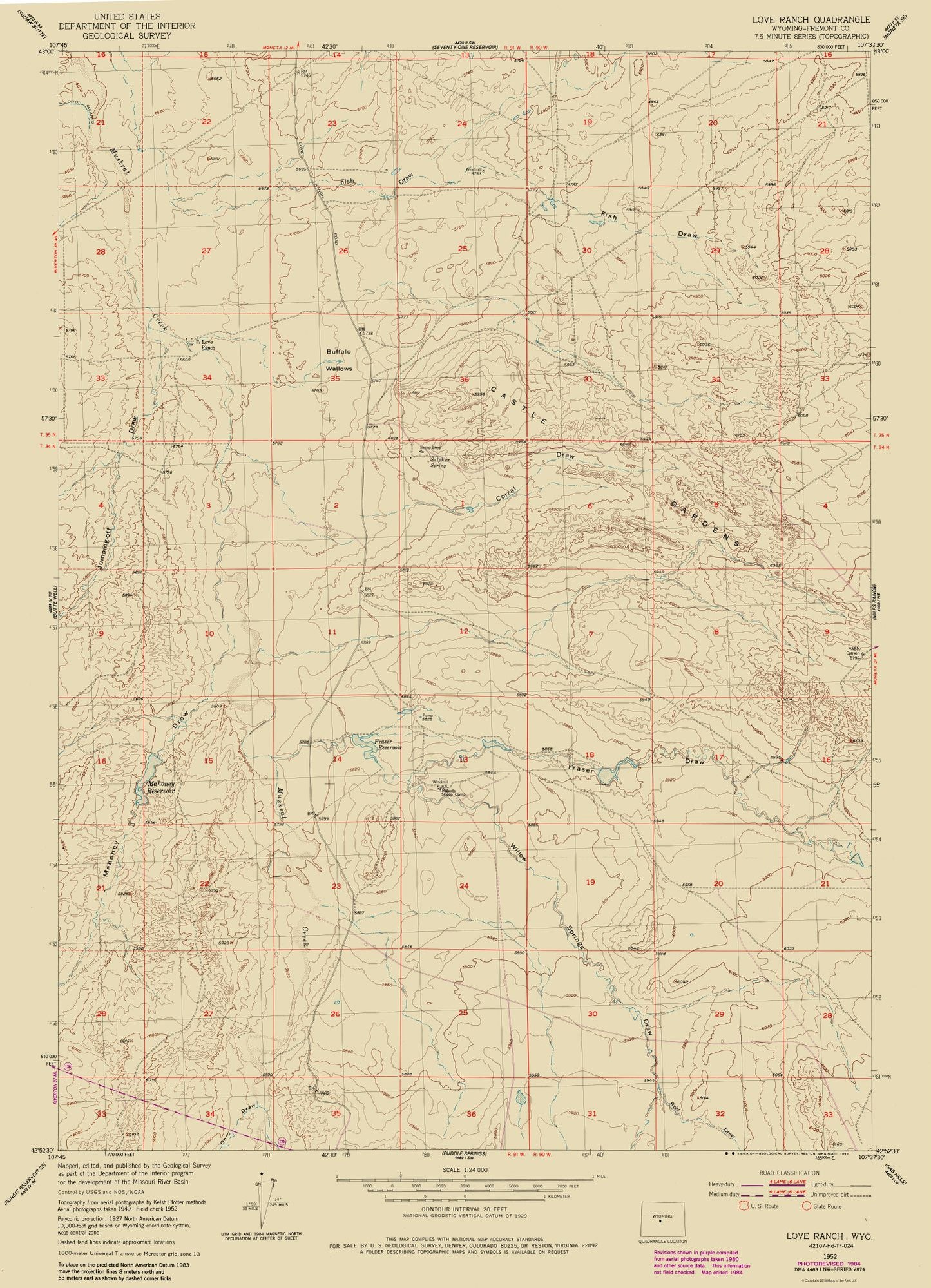 Topographical Map - Love Ranch Wyoming Quad - USGS 1952 - 23 x 31.81 - Vintage Wall Art