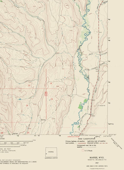 Topographical Map - Marse Wyoming Quad - USGS 1967 - 23 x 31.50 - Vintage Wall Art