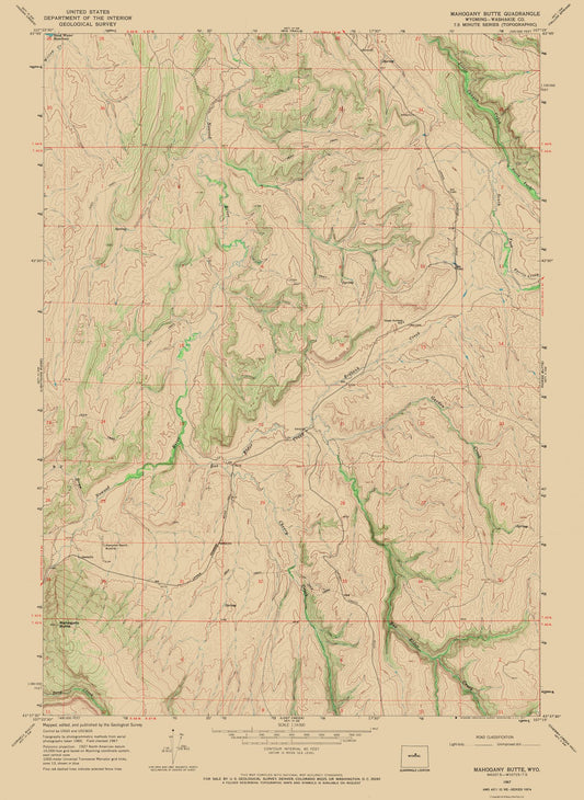 Topographical Map - Mahogony Butte Wyoming Quad - USGS 1967 - 23 x 31.52 - Vintage Wall Art