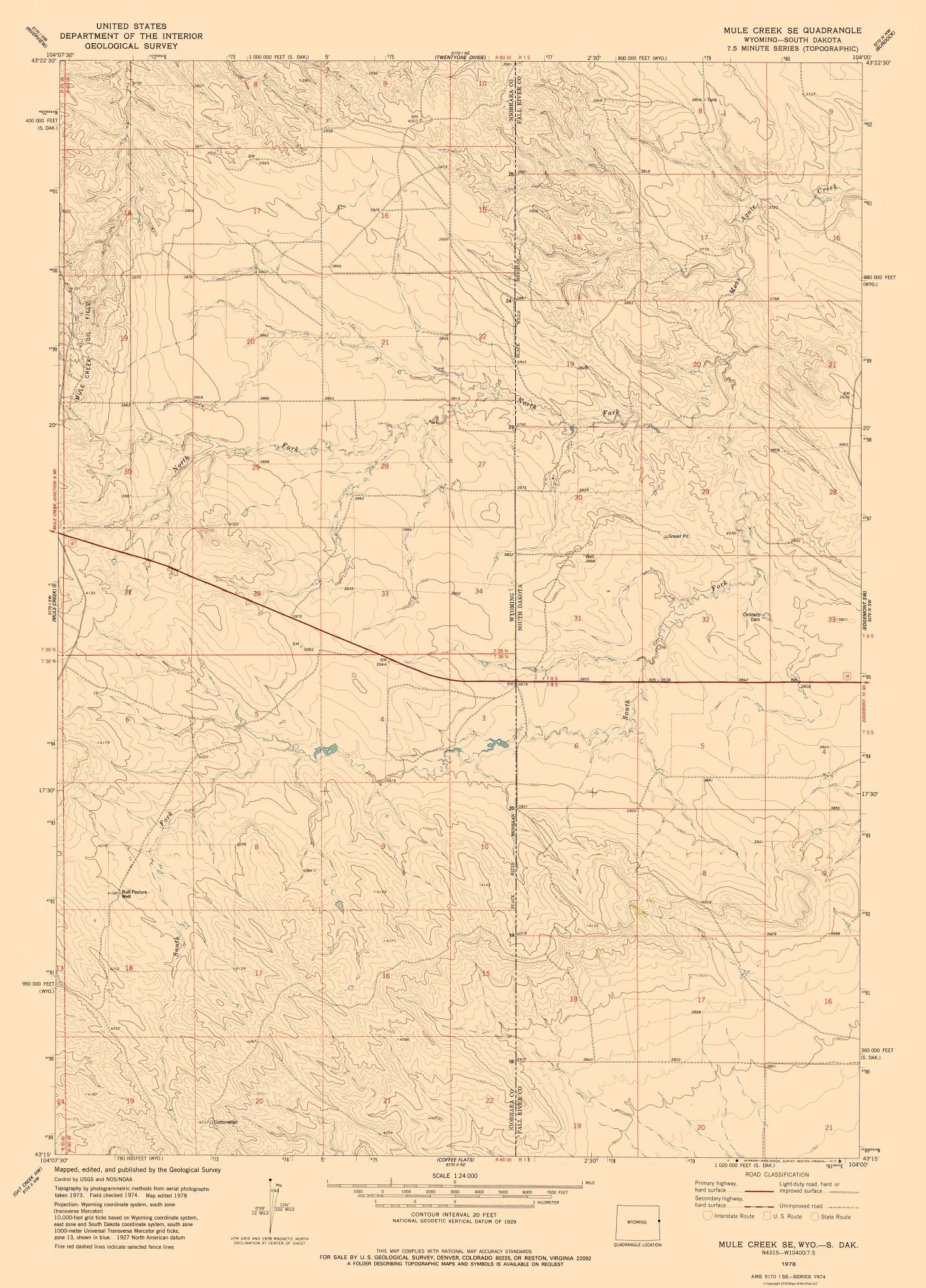 Topographical Map - Mule Creek Wyoming Quad - USGS 1978 - 23 x 31.99 - Vintage Wall Art