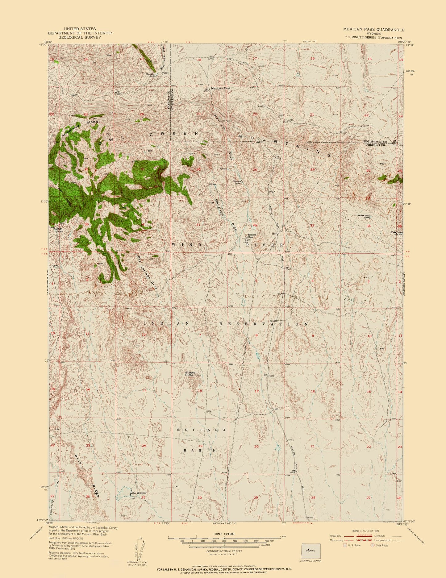 Topographical Map - Mexican Pass Wyoming Quad - USGS 1951 - 23 x 29.81 - Vintage Wall Art