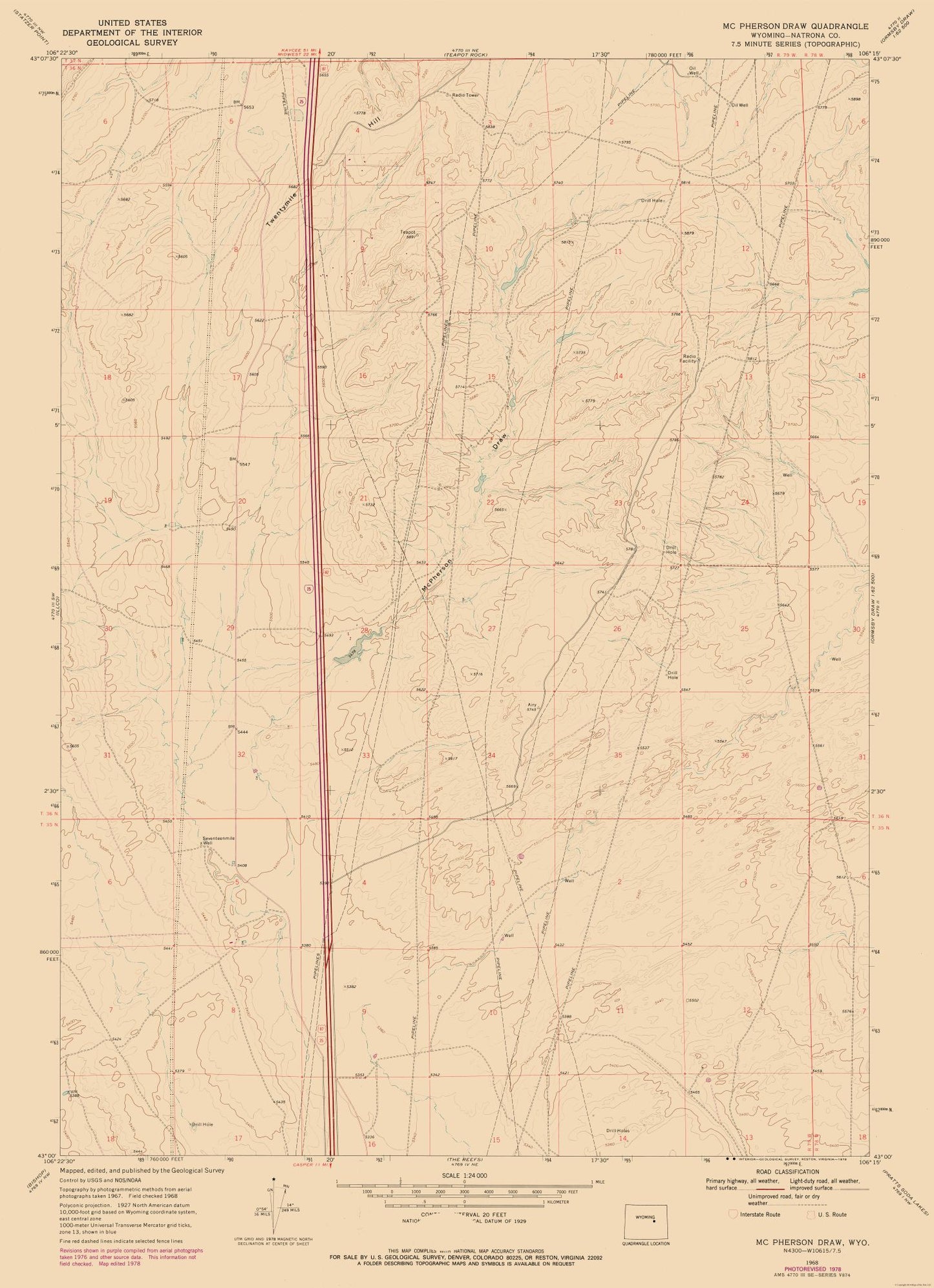 Topographical Map - Mc Pherson Draw Wyoming Quad - USGS 1968 - 23 x 31.73 - Vintage Wall Art