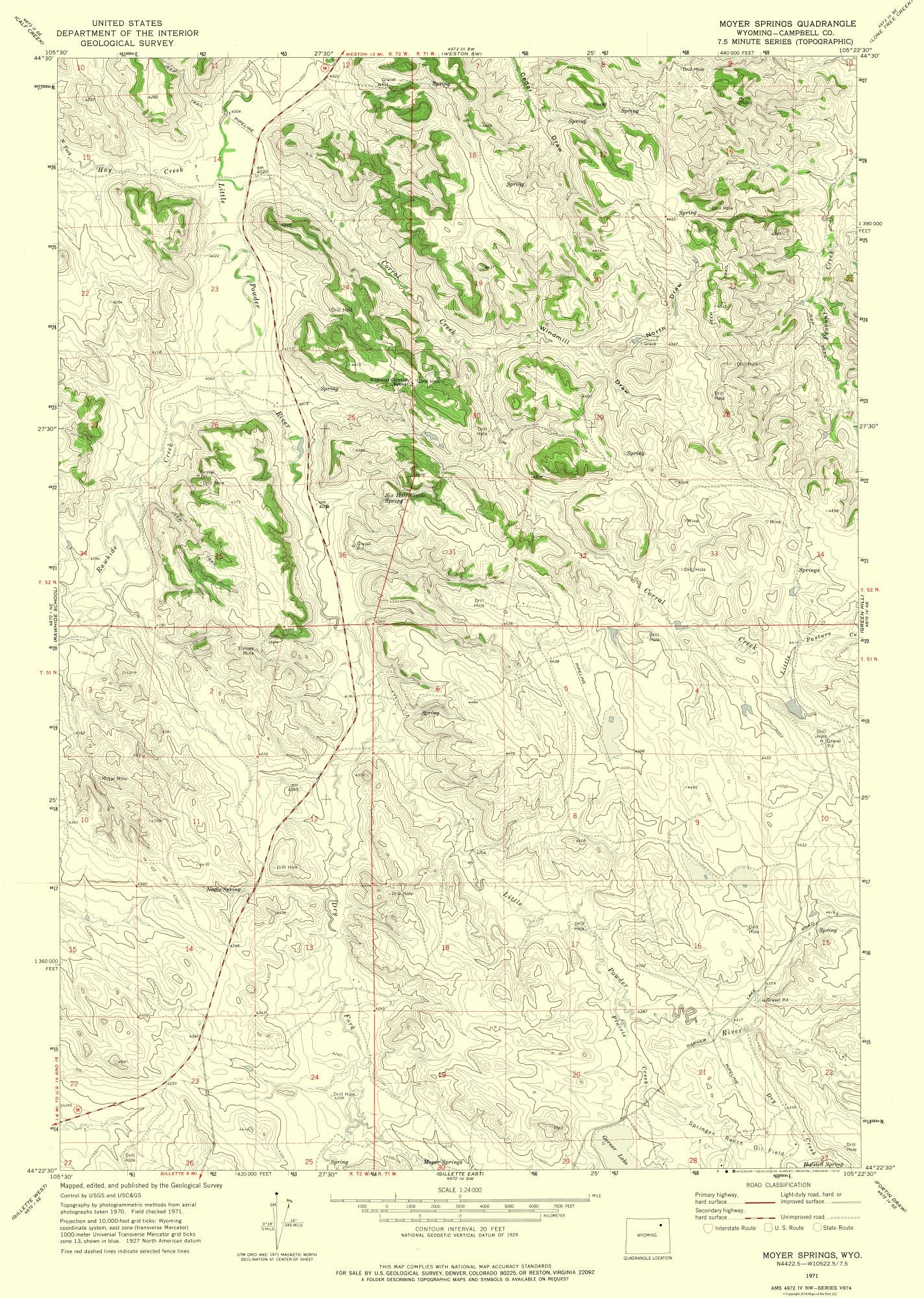 Topographical Map - Moyer Springs Wyoming Quad - USGS 1971 - 23 x 32.30 - Vintage Wall Art