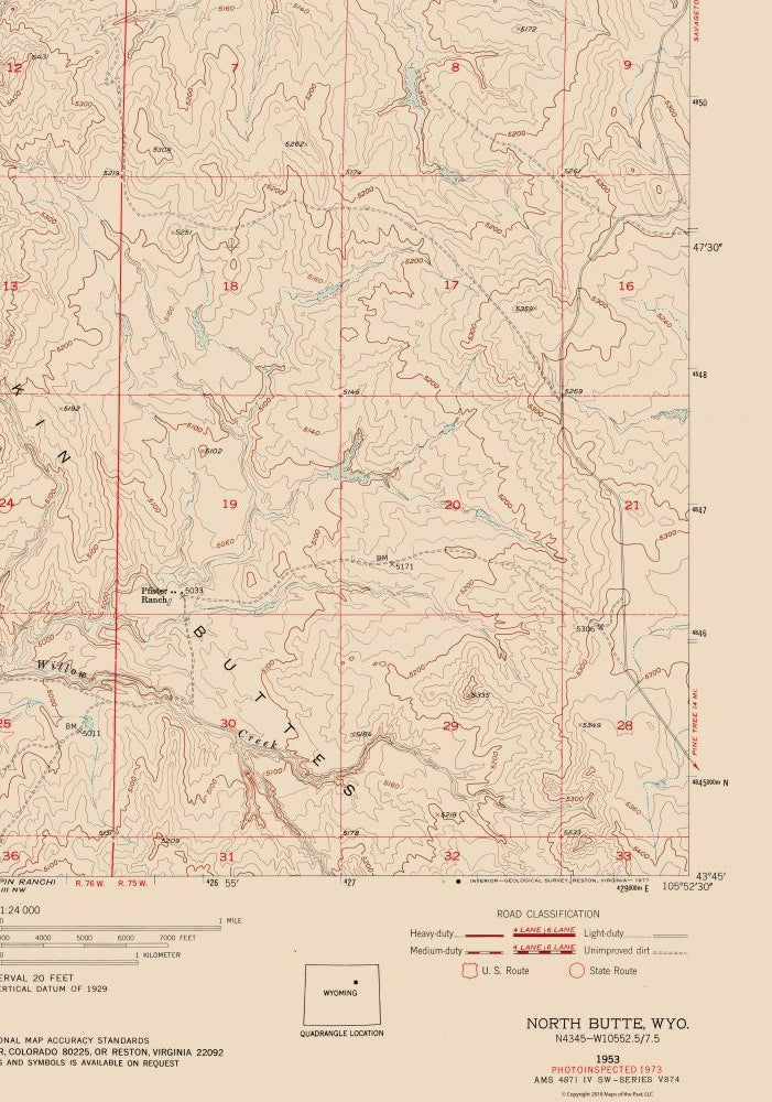 Topographical Map - North Butte Wyoming Quad - USGS 1953 - 23 x 32.80 - Vintage Wall Art