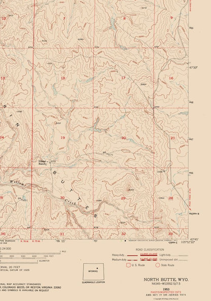 Topographical Map - North Butte Wyoming Quad - USGS 1953 - 23 x 32.80 - Vintage Wall Art