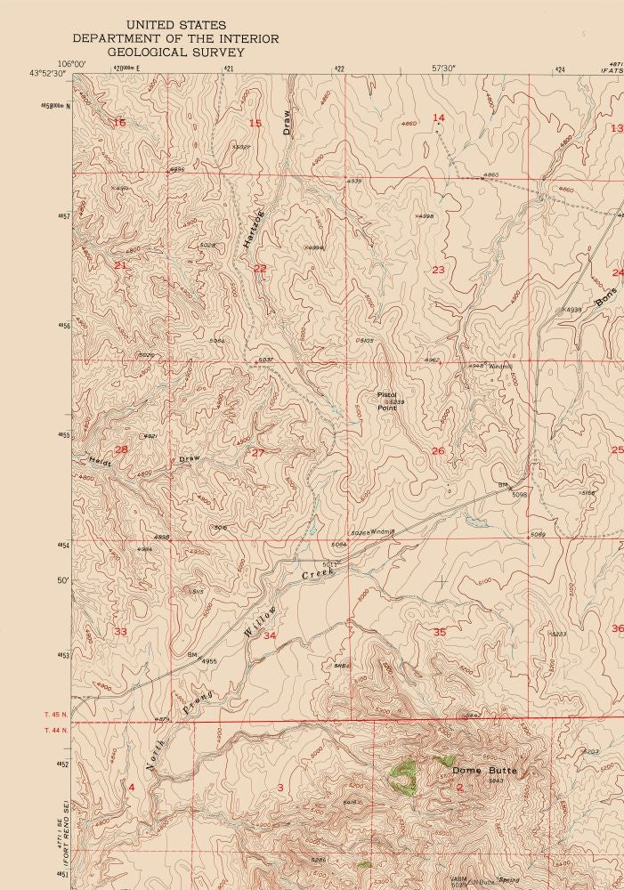 Topographical Map - North Butte Wyoming Quad - USGS 1953 - 23 x 32.80 - Vintage Wall Art