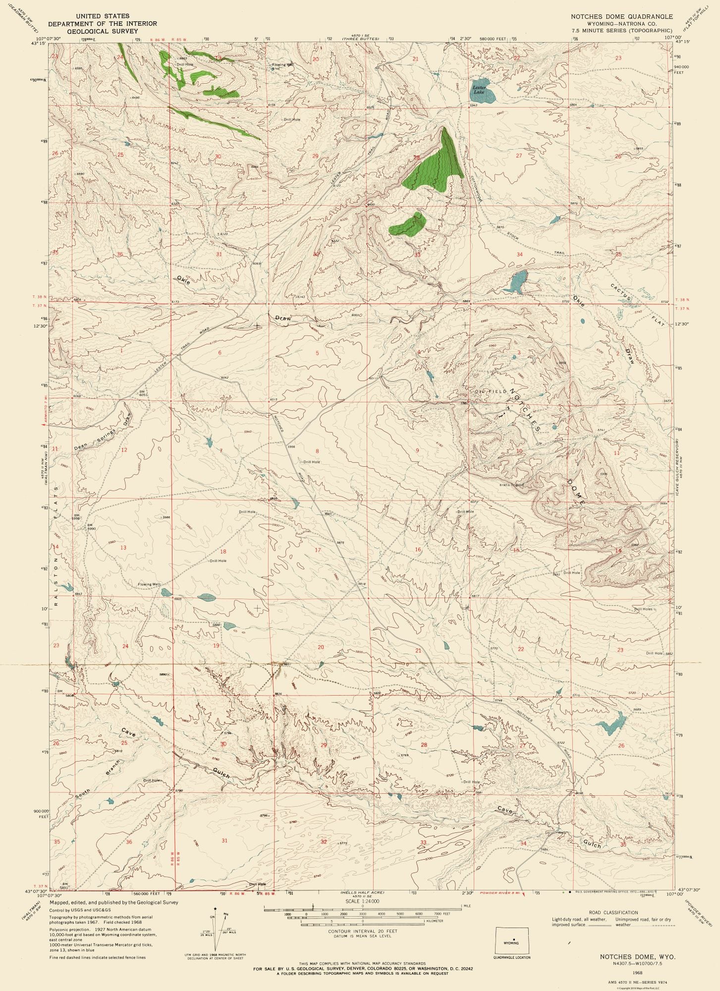 Topographical Map - Notches Dome Wyoming Quad - USGS 1968 - 23 x 31.66 ...