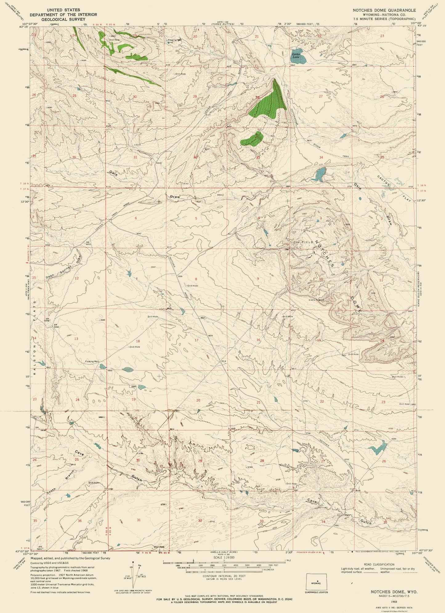 Topographical Map - Notches Dome Wyoming Quad - USGS 1968 - 23 x 31.66 - Vintage Wall Art