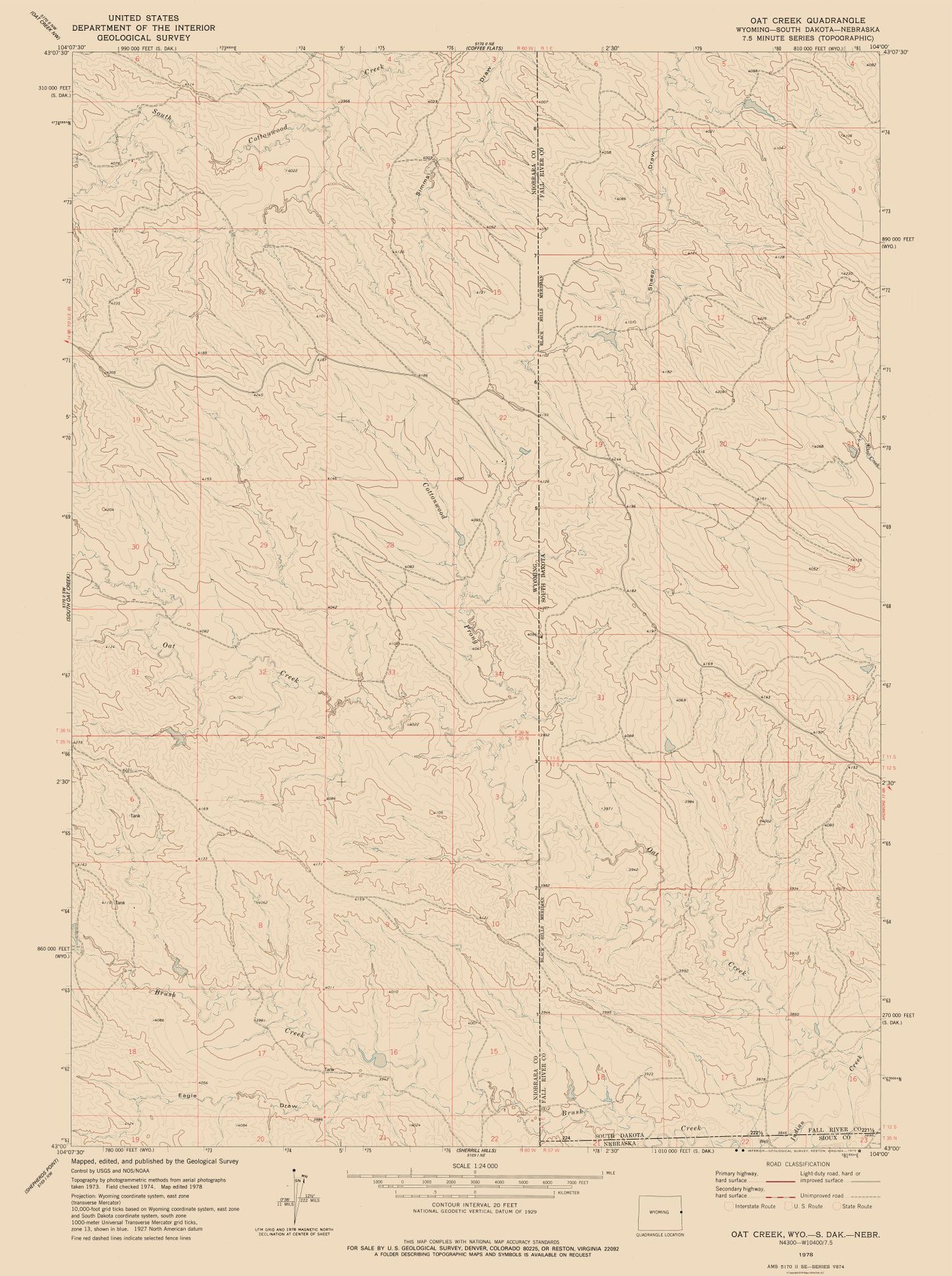 Topographical Map - Oak Creek Wyoming Quad - USGS 1978 - 23 x 30.84 - Vintage Wall Art