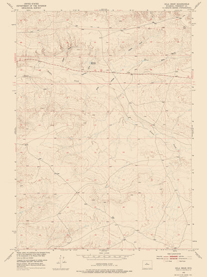 Topographical Map - Ocla Draw Wyoming Quad - USGS 1952 - 23 x 30.73 - Vintage Wall Art