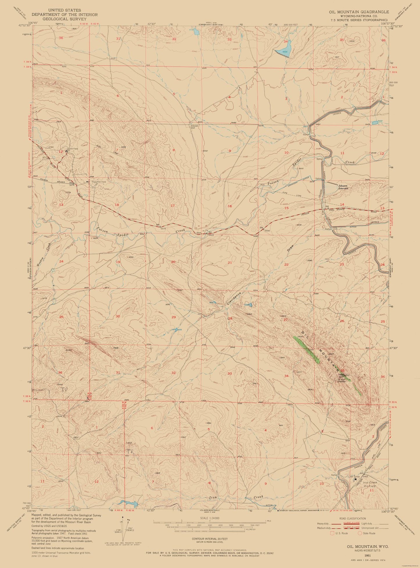 Topographical Map - Oil Mountain Wyoming Quad - USGS 1951 - 23 x 31.13 - Vintage Wall Art